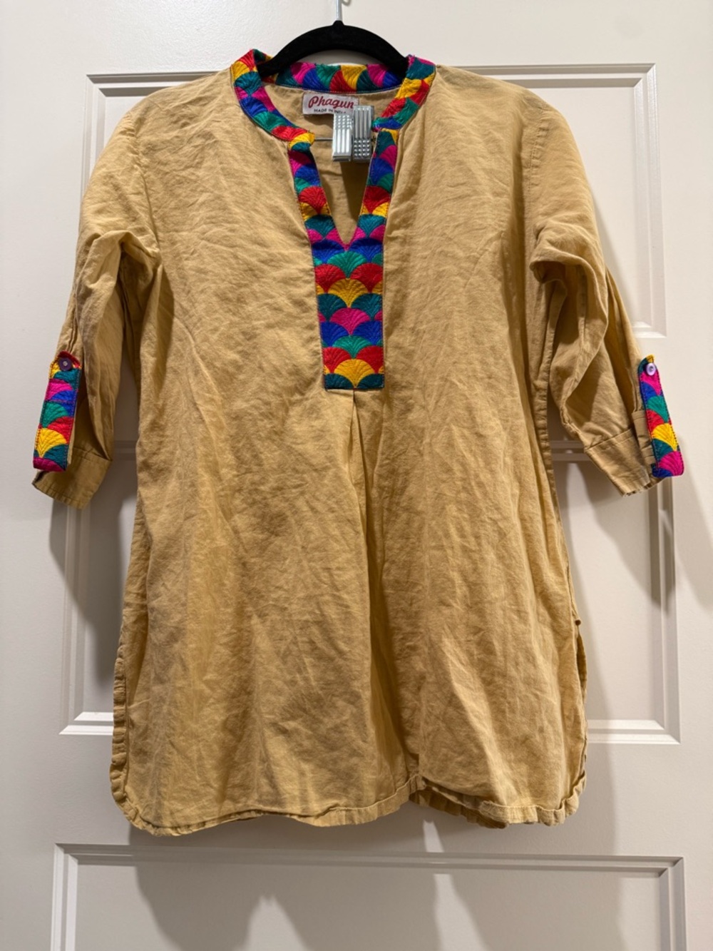 Mustard Tunic Blouse with Multicolor Embroidered Trim